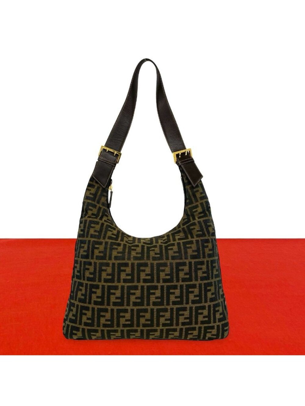 Fendi Vintage Zucca FF Pattern Canvas Leather Shoulder Bag Brown